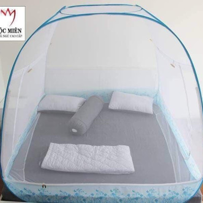 Màn Chụp , Mùng Chụp Cao Cấp Mộc Miên Đỉnh Rộng - Kích Thước 1,4mx2m Trắng Viền Xanh ( Hà Nội )