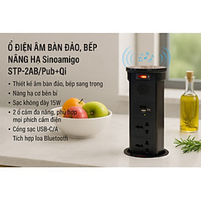 Ổ cắm điện âm bàn đảo bếp Sinoamigo STP-2AB/2Pu+Qi, tích hợp sạc không dây, loa bluetooth, cổng sạc USB-C