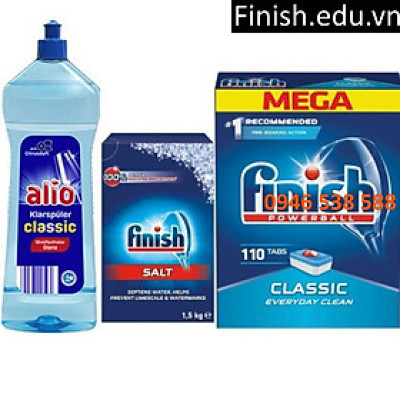 Combo viên rửa bát finish 110 viên + muối rửa bát finish 1.5kg + Nước làm bóng alio 1 lít dùng cho máy rửa bát