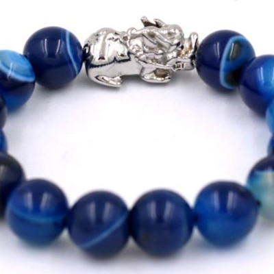 Chuỗi đeo tay thạch anh xanh dương sọc 12 ly - cẩn Tỳ Hưu inox VTAXDSTHT12 - hợp mệnh Mộc, mệnh Thủy