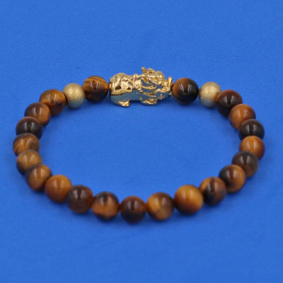 Vòng đeo tay đá Mắt Hổ vàng đen 6 ly cẩn Tỳ Hưu inox vàng VMHVETHHBV6 - hợp mệnh Thổ, mệnh Kim