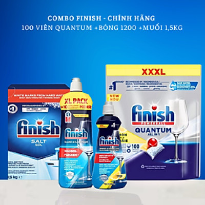 Muối Finish 1.5kg+Bóng Finish 1150ml+ 100 Viên Finish Quantum Max dùng cho Máy Rửa Bát