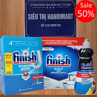 Combo Viên rửa bát All in 1 100 viên + Muối Finish 4kg + Nước làm bóng Finish 400ml hương chanh