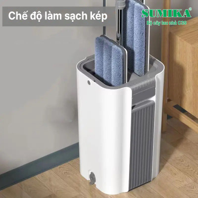 Bộ cây lau nhà SUMIKA C39, thùng lau nhà 2 ngăn tự vắt thông minh, chổi lau sàn nhà 360 độ, 2 bông lau, 1 móc treo cây lau sàn