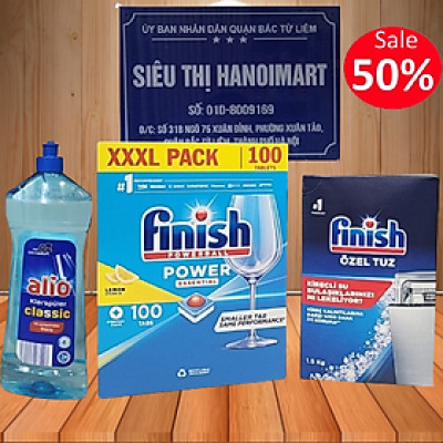Combo 100 Viên finish + 1000ml nuớc làm bóng Bóng alio + 1.2kg muối rửa bát finish dùng cho Máy rửa bát