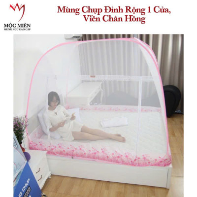 Màn đỉnh rộng tự bung cao cấp Mộc Miên loại trắng viền hồng loại 1m6x2m - 3 cửa 