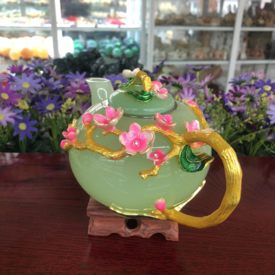 Bộ ấm trà chạm hoa mai đá ngọc cẩm thạch xanh