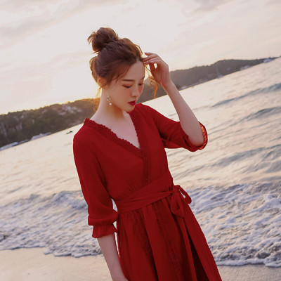 Váy maxi đi biển dài tay dáng lửng, cổ chữ V, lưng dây nơ điệu đà, thích hợp du lịch, đi biển, chụp ảnh | MX007