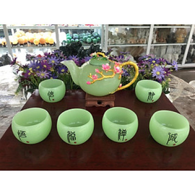 Bộ ấm trà chạm hoa mai đá ngọc cẩm thạch xanh