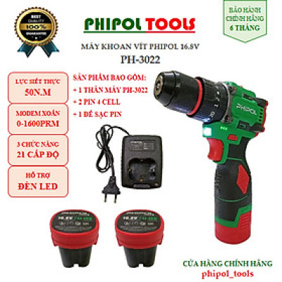 Combo Máy khoan vít 16.8V động cơ không chổi than PHIPOL TOOLS PH3022 Kèm 2 pin và sạc - Hàng Chính Hãng
