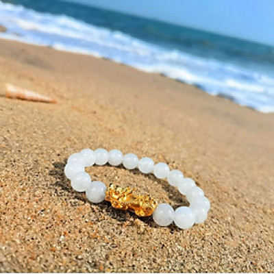 Vòng tay nữ vòng tay may mắn đá mã não trắng gắn tỳ hưu cầu Tài Lộc Duyên MNTH01