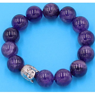 Chuỗi đeo tay thạch anh tím than 14 ly - cẩn hạt Như Lai inox trắng VTITNLT14 - hợp mệnh Hỏa, mệnh Thổ