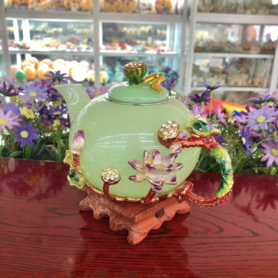 Bộ ấm trà chạm hoa sen đá ngọc cẩm thạch xanh