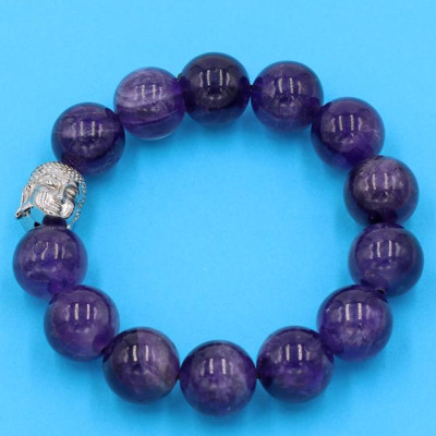 Chuỗi đeo tay thạch anh tím than 14 ly - cẩn hạt Như Lai inox trắng VTITNLT14 - hợp mệnh Hỏa, mệnh Thổ