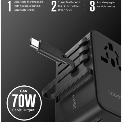 Củ sạc Choetech PD5020 du lịch đa năng tích hợp thêm dây cáp sạc Type C  (35W)/ PD5021 (45W)/ PD5022 (70W)- Hàng chính hãng