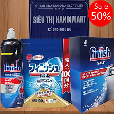 Combo Viên rửa bát Finish Classic 100 viên + Muối Finish 4.0kg + Nước làm bóng Finish 750ml