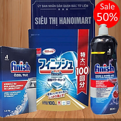 Combo viên rửa bát finish 90 viên + nước làm bóng finish 750ml + muối rửa chén finish 1,5kg