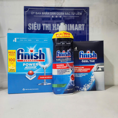 Muối rửa bát Finish 1,2kg+ viên rửa bát Finish 150 viên+ chai nước làm bóng Finish 400 ml