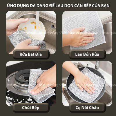 Khăn Lưới Rửa Bát Dày 2 Lớp Giẻ Rửa Chén Dây Kim Loại 20cm Chà Nồi Chảo Thép Inox Cọ Bếp Đa Năng
