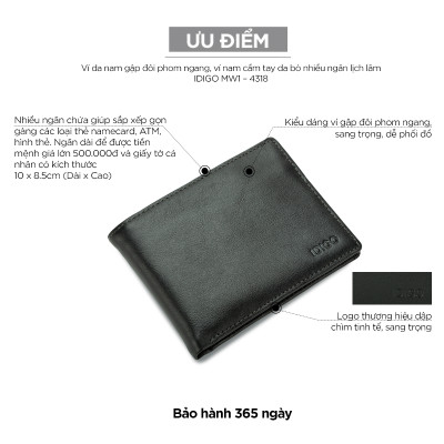 Ví da nam gập đôi phom ngang, ví nam cầm tay nhiều ngăn lịch lãm IDIGO MW1-4318