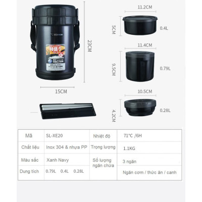 Hộp cơm giữ nhiệt 3 ngăn Zojirushi 1.47L SL-XE20-AD, sản xuất tại Thái Lan