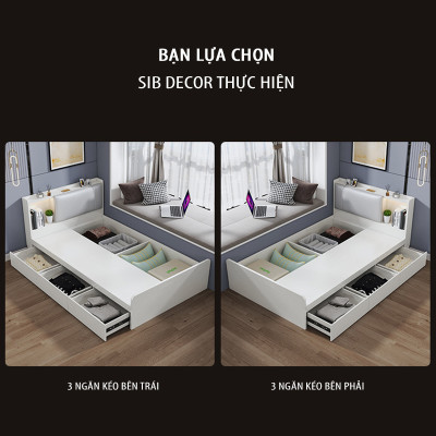 Giường Gỗ Đơn Dài 1.2m Phối Đèn LED và 3 Ngăn Kéo Màu Trắng SIB Decor GN14