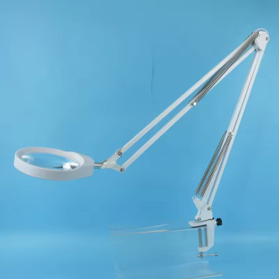 Kính lúp công nghiệp gắn bàn có đèn TERINO DE-27W (phóng đại 10X và 20X, Led, màu trắng) - Hàng chính hãng