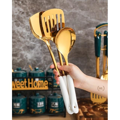 BỘ MUÔI CANH XẺNG INOX VÀNG GƯƠNG CÁN SỨ KÈM GIÁ TREO | BỘ MUÔI VÁ VÀNG GƯƠNG CAO CẤP (LOẠI 1 BẢN SỨ CẦM DÀI)