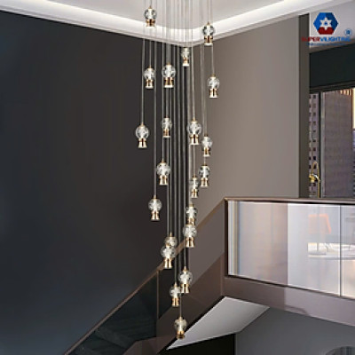 Đèn thông tầng pha lê SuperVilighting hình cầu trang trí cầu thang đèn thả trần bảo hành 24 tháng