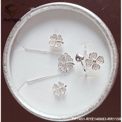 Combo dây chuyền, bông tai và nhẫn bạc Ý 925 Huệ Ngân - Cỏ bốn lá may mắn PP1451-RYE140863-RR1158