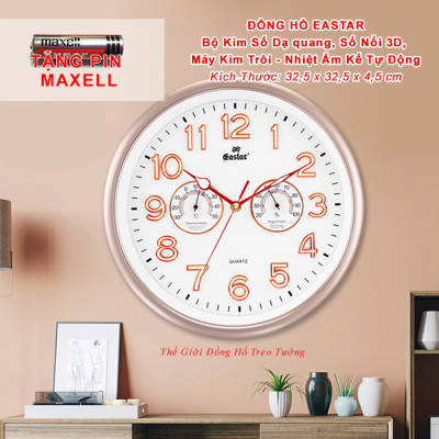 Đồng Hồ Treo Tường Cao Cấp EASTAR KIM TRÔI Tròn Có DẠ QUANG - ĐH Đo NHIỆT ĐỘ Và ĐỘ ẨM - Số Nổi 3D - Tặng Pin Maxell - BH 1 Năm
