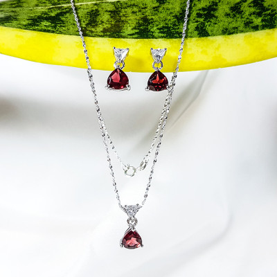 Bộ bông tai dây chuyền đá Garnet trái tim LAT.190