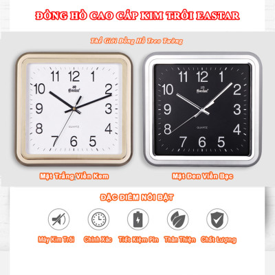 Đồng Hồ Treo Tường KIM TRÔI EASTAR Cao Cấp Mặt Vuông, Viền kim tuyến, Số nổi Ánh kim - Tặng Pin Maxell - BH 1 Năm - Decor Trang Trí Nhà 