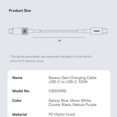Cáp sạc nhanh Type C to Type C 100W Baseus Gem Fast-Charging Data Cable - Hàng chính hãng