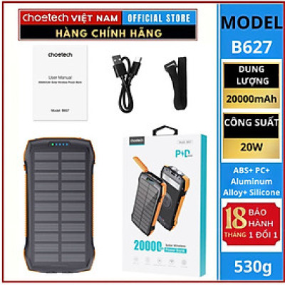 Pin Sạc Dự Phòng Choetech B657 Năng Lượng Mặt Trời công suất 20W dung lượng 20.000mAh (Hàng chính hãng)