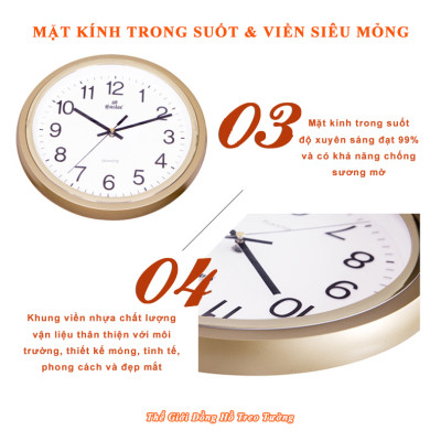 Đồng Hồ Treo Tường KIM TRÔI EASTAR Cao Cấp - Mặt Tròn Viền Vàng Kim Tuyến - Mặt số in Nổi 3D - Máy Kim trôi – Tặng Pin Maxell