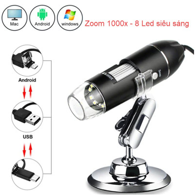 ROGTZ - Kính Hiển Vi Điện Tử Cầm Tay Zoom 1000x 8 Đèn LED - 3 Trong 1 USB/Typec/Micro Cảm Biến CMOS HD 0.3M Phân Giải Cao Lấy Nét Linh Hoạt USB Camera Nội Soi HD Kết Nối Nhiều HĐH Macos/Android/Windows - Hàng Chính Hãng