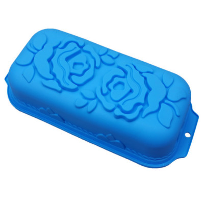Khuôn silicon làm đế bánh, rau câu, bánh mì hình chữ nhật hoa hồng đôi kèm lá - Loại 29 cm - Mã số 1109