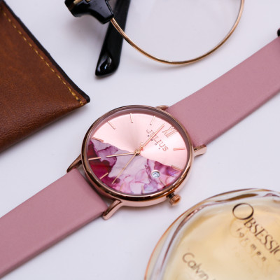 Đồng Hồ Nữ Julius Hàn Quốc JA1312 Dây Da Mặt In Hoa Thanh Lịch