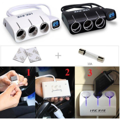 Chia tẩu Ô tô 1 ra 3 công suất 120W có cổng sạc USB và báo điện áp