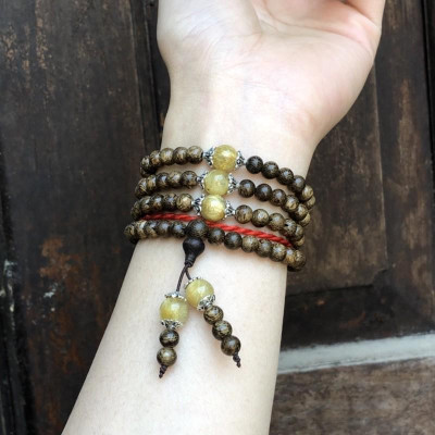 Vòng Tay Trầm Hương phối Đá Tóc Vàng cùng charm bạc thái - bình an, may mắn, tài lộc