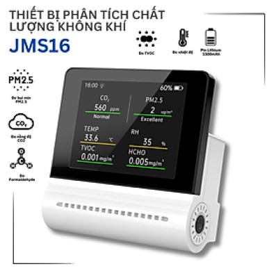 Thiết bị đo chất lượng không khí JMS-16: Màn hình cảm ứng 3,2 inch, đo chính xác TVOC, CO2, PM2.5, PM10, formaldehyde (HCHO), nhiệt độ và độ ẩm; pin lithium 1500mAh, cảnh báo ô nhiễm thời gian thực; kết nối qua app di động tiện lợi - Hàng Nhập Khẩu