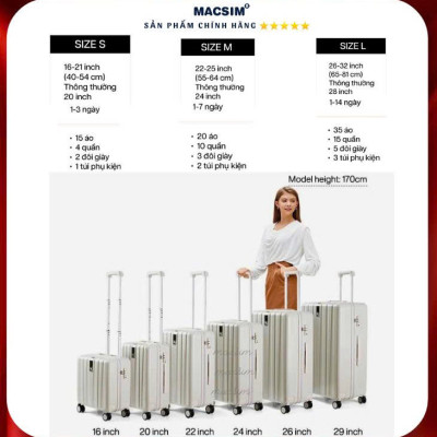 Vali cao cấp Macsim Aksen hàng loại 1 MSAK7034H cỡ 20 inch - màu ghi