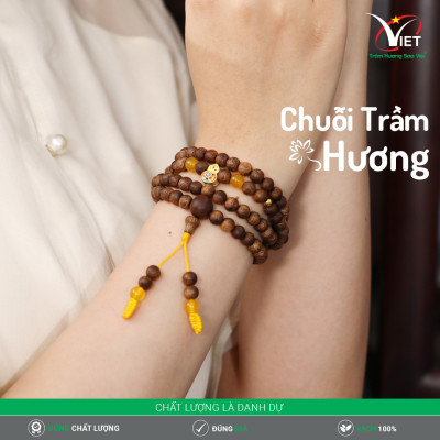 Chuỗi Trầm Thiên Nhiên Đính Hồ Lô Vàng Tĩnh Điện