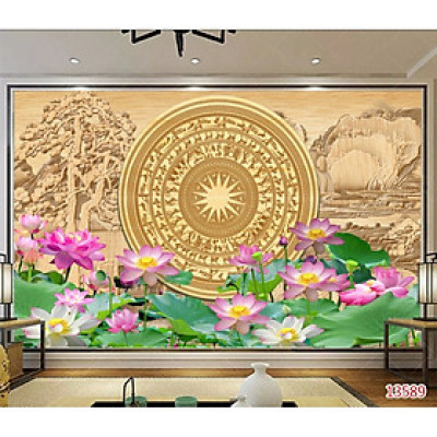 (HCM)Tranh dán tường 3d hoa sen trống đồng trang trí phòng khách, nhà hàng, khách sạn có sẵn keo
