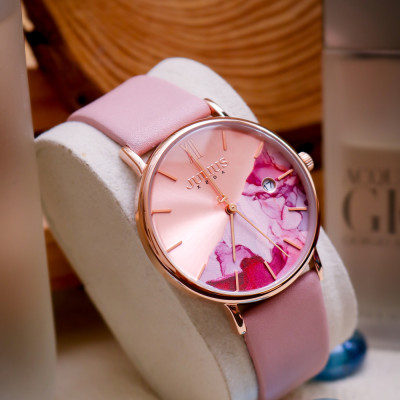 Đồng Hồ Nữ Julius Hàn Quốc JA1312 Dây Da Mặt In Hoa Thanh Lịch