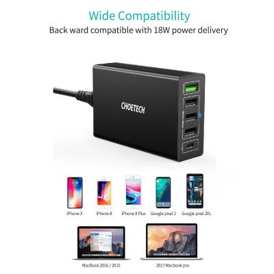 Adapter cóc củ sạc nhanh 60W 4 cổng USB & 1 cổng PD Type-C hiệu CHOETECH Q3-4U2Q cho điện thoại / máy tính bảng / Macbook / Laptop (sạc nhanh 1 cổng PD 2.0 Type-C & 1 cổng USB QC 3.0 & 3 cổng USB 2.4A, Max 6A) - hàng chính hãng