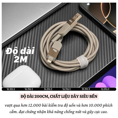Cáp Sạc Đa Năng 4in1 sạc nhanh 100W dài 200cm USB-C + USB-A ra Type-C + L cho iPhone / cho iPad/ cho Macbook Laptop / Điện thoại thông minh hiệu WIWU Raptor - Chống Rối, Siêu Bền, Chip Thông Minh Tích Hợp, Sạc An Toàn - Hàng nhập khẩu