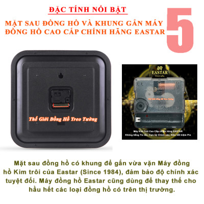 Đồng Hồ Treo Tường Cao Cấp KIM TRÔI EASTAR SỐ NỔI 3D có DẠ QUANG và NHIỆT ẨM KẾ CƠ (Không Dùng Pin) - Hình Vuông Mặt Đen - Tặng Pin AA - Bảo Hành 1 Năm
