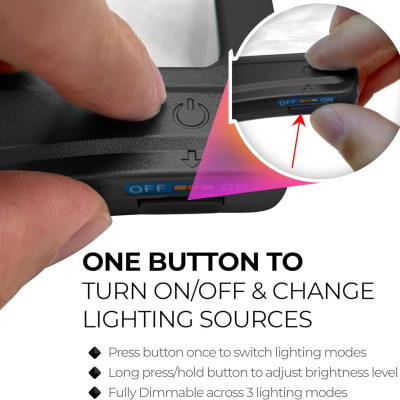 Kính lúp đọc sách cỡ lớn cao cấp Magnipros 1820BK+ST+FBA (5X, có đèn led 3 chế độ màu vô cấp để giảm mỏi mắt, có khung đỡ)